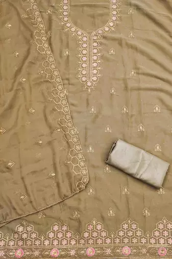 khaki gerogette zari embroidered work unstitched dress material