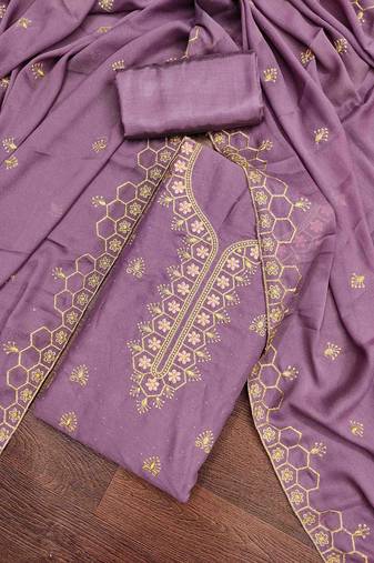 lavender gerogette zari embroidered work unstitched dress material