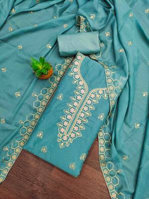 turquoise gerogette zari embroidered work unstitched dress material 1