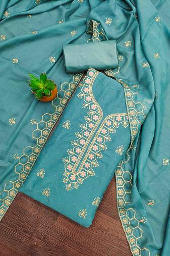 turquoise gerogette zari embroidered work unstitched dress material