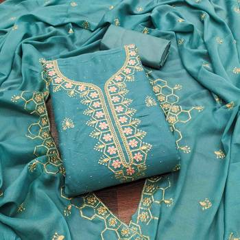 turquoise gerogette zari embroidered work unstitched dress material 2