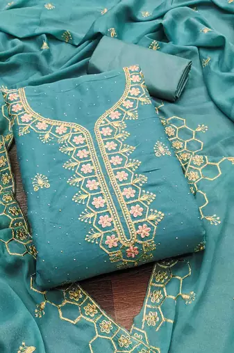 turquoise gerogette zari embroidered work unstitched dress material