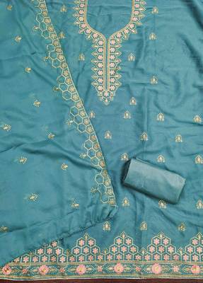 turquoise gerogette zari embroidered work unstitched dress material 3