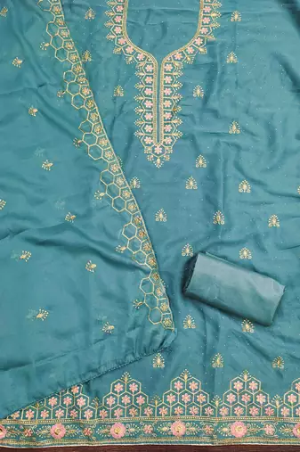 turquoise gerogette zari embroidered work unstitched dress material