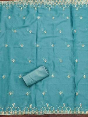 turquoise gerogette zari embroidered work unstitched dress material 4