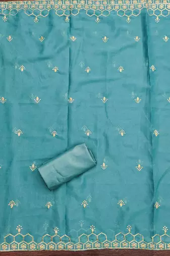 turquoise gerogette zari embroidered work unstitched dress material