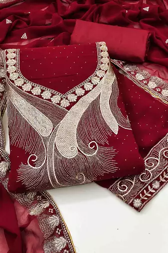 maroon georgette zari embroidered work unstitched dress material