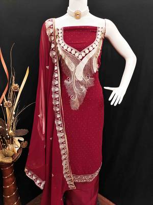maroon georgette zari embroidered work unstitched dress material 4