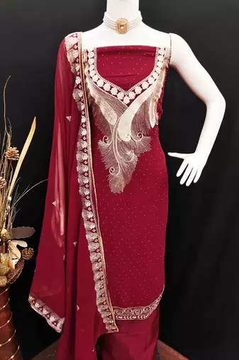 maroon georgette zari embroidered work unstitched dress material