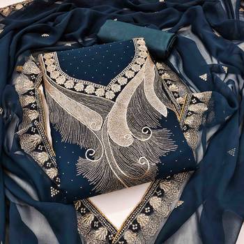 navy blue georgette zari embroidered work unstitched dress material 1