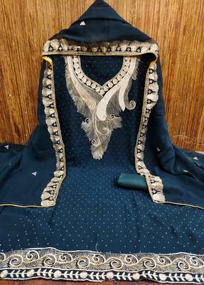 navy blue georgette zari embroidered work unstitched dress material 3