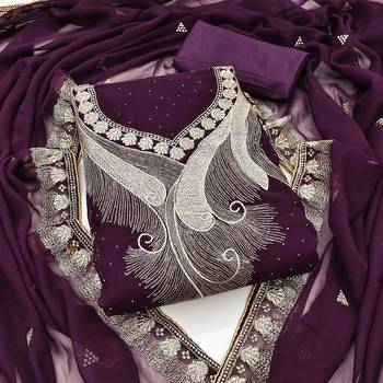 wine georgette zari embroidered work unstitched dress material 1