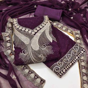 wine georgette zari embroidered work unstitched dress material 2