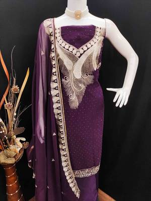 wine georgette zari embroidered work unstitched dress material 4
