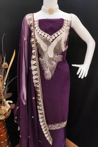 wine georgette zari embroidered work unstitched dress material