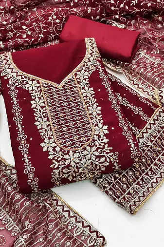 maroon georgette jarkan work unstitched dress material