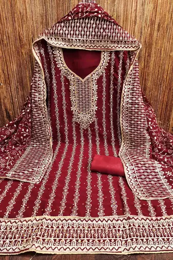 maroon georgette jarkan work unstitched dress material