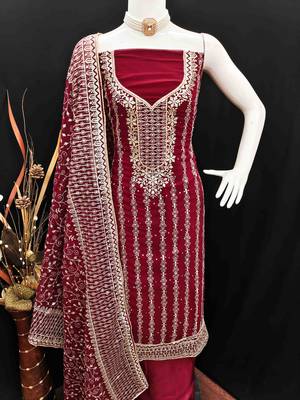 maroon georgette jarkan work unstitched dress material 4