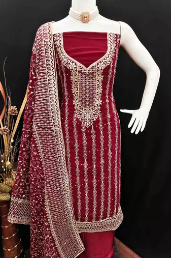 maroon georgette jarkan work unstitched dress material