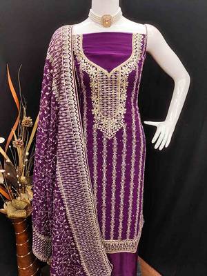 wine georgette jarkan work unstitched dress material 4