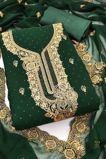 dark green georgette jarkan work unstitched dress material