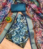 Women's teal premium cotton embroidered work unstitched dress material