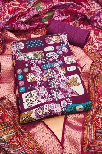wine premium cotton embroidered work unstitched dress material