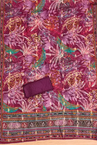 wine premium cotton embroidered work unstitched dress material