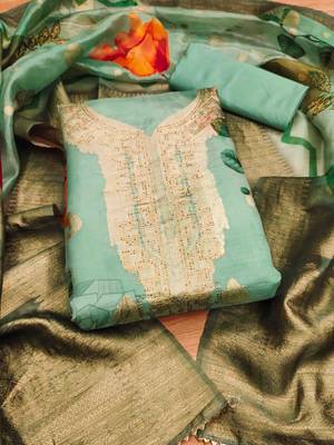 mint organza jacquard swaroski work work unstitched dress material 2