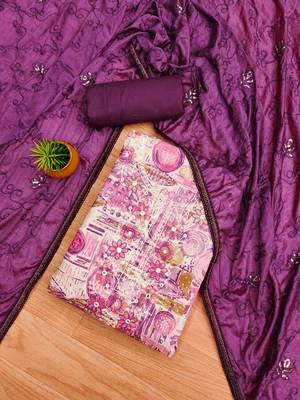 purple premium cotton embroidered work unstitched dress material 1