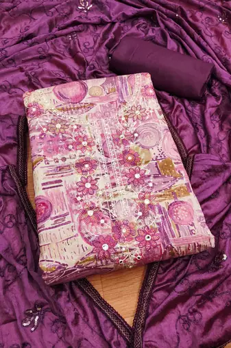 purple premium cotton embroidered work unstitched dress material