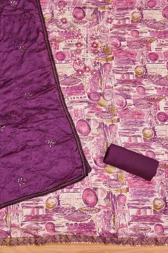 purple premium cotton embroidered work unstitched dress material