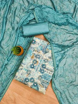 turquoise premium cotton embroidered work unstitched dress material 1