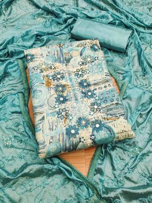 turquoise premium cotton embroidered work unstitched dress material 2