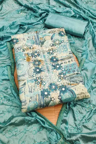 turquoise premium cotton embroidered work unstitched dress material