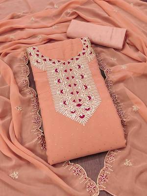 peach georgette zari embroidered work unstitched dress material 1