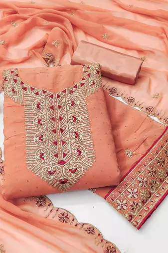 peach georgette zari embroidered work unstitched dress material