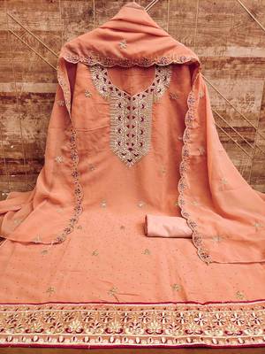 peach georgette zari embroidered work unstitched dress material 3