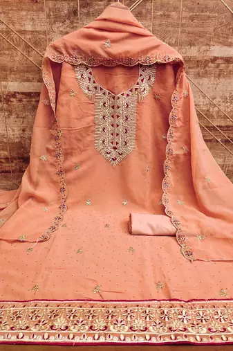 peach georgette zari embroidered work unstitched dress material