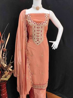 peach georgette zari embroidered work unstitched dress material 4