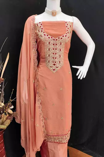 peach georgette zari embroidered work unstitched dress material