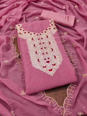 pink georgette zari embroidered work unstitched dress material 1