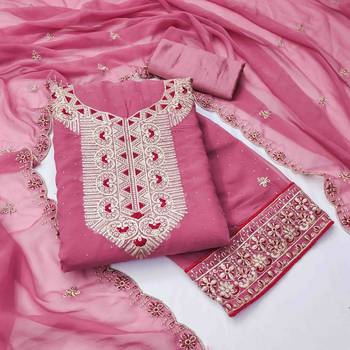 pink georgette zari embroidered work unstitched dress material 2