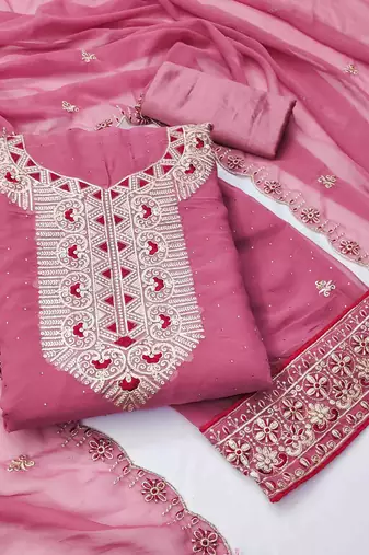 pink georgette zari embroidered work unstitched dress material