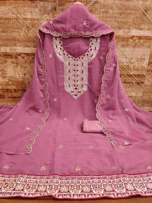 pink georgette zari embroidered work unstitched dress material 3