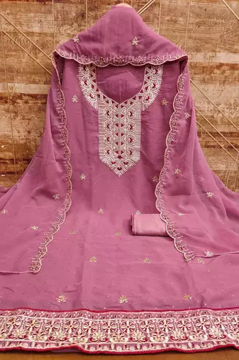 pink georgette zari embroidered work unstitched dress material
