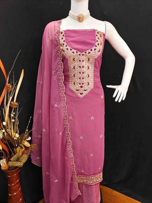 pink georgette zari embroidered work unstitched dress material 4