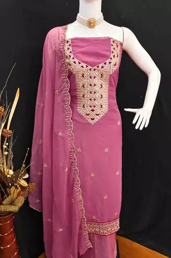 pink georgette zari embroidered work unstitched dress material