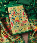 dark green pure taffeta paithani work unstitched dress material