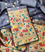 grey pure taffeta paithani work unstitched dress material